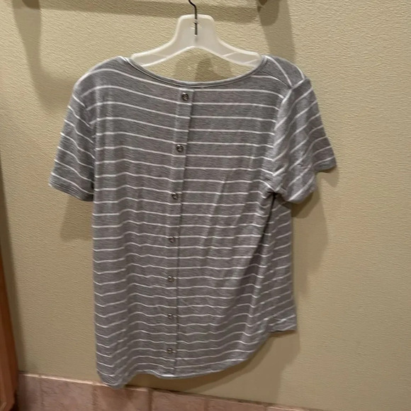 Pink Clover woman's gray and white long striped tee shirt with buttons on back - Picture 5 of 9